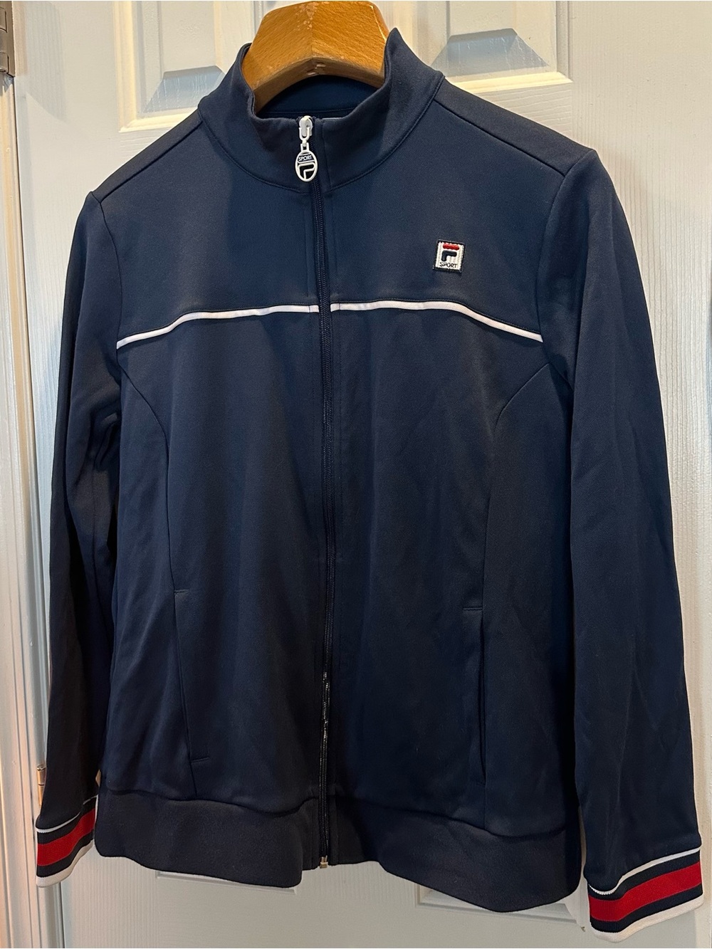 Fila Navy Track Jacket with White Piping and Red Cuff Stripes